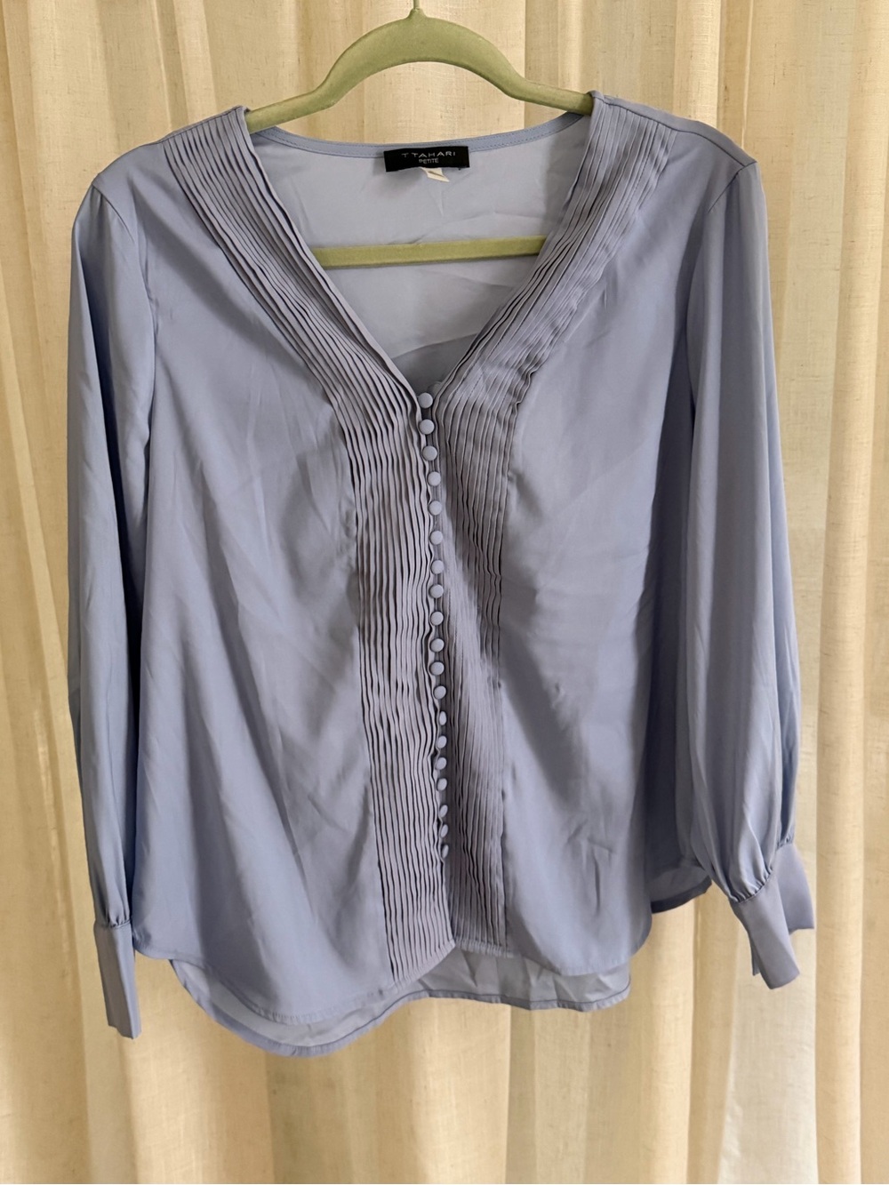 T Tahari Light Blue Pleated V-Neck Blouse